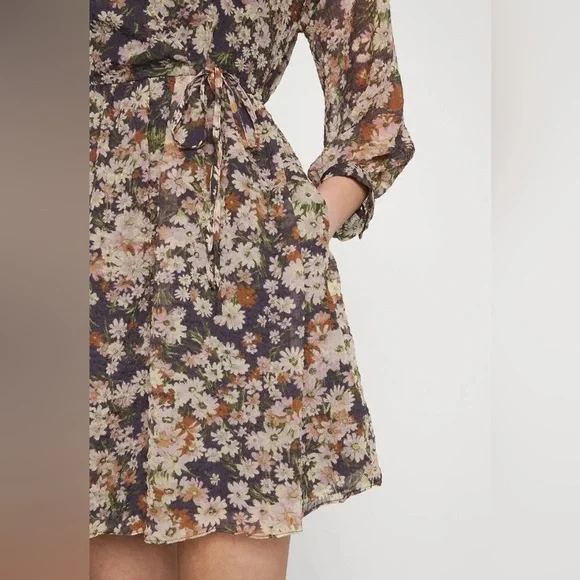 Madewell Floral Daisy Faux Wrap Mini Dress Long Sleeve Drawstring Waist large - Picture 9 of 10